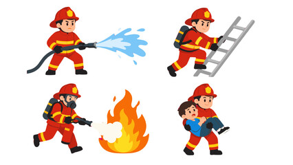 Fototapeta premium Firefighter rescue and firefighting cartoon vector set
