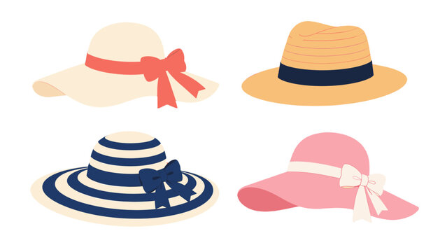 Set of four stylish wide brim summer hats in flat vector style
