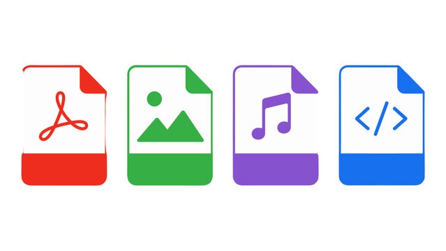 Colorful document file format icons for PDF image audio and code