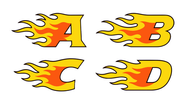 Flaming alphabet letters A B C D in bold vector style