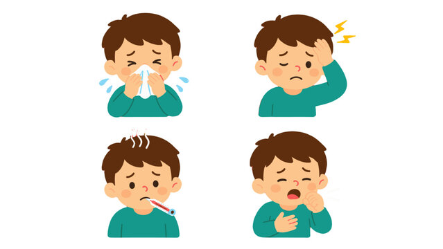 Child with cold and flu symptoms shown in vector set
