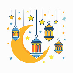 Fototapeta premium Ramadan Kareem Islamic Lanterns and Crescent Moon Illustration
