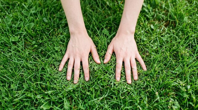 Person touches lush green grass with both hands outdoors