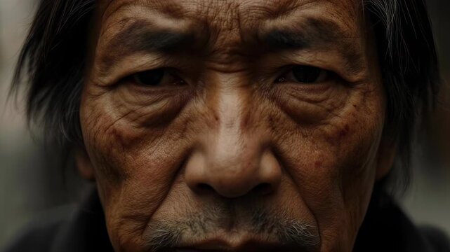 Close-up portrait of an elderly Asian man looking at the camera. Detailed view of a weathered face with deep wrinkles. Authentic human expression concept