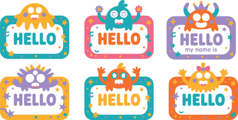 Naklejka premium Set of colorful vector name tags featuring cute cartoon monsters for kids, school, parties, and creative classroom labels