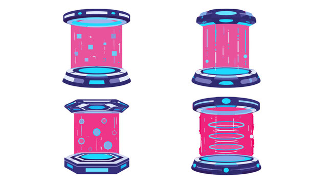 Set of futuristic teleport portal platforms with glowing beams