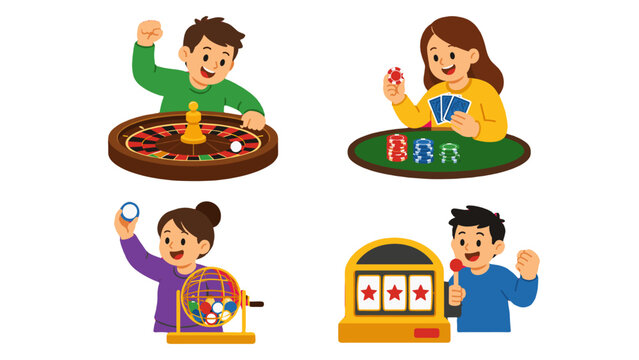 Cartoon characters playing roulette, cards, bingo and slot machine