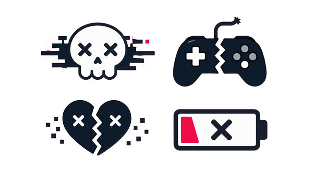 Set of glitch gaming failure icons with skull, controller and battery