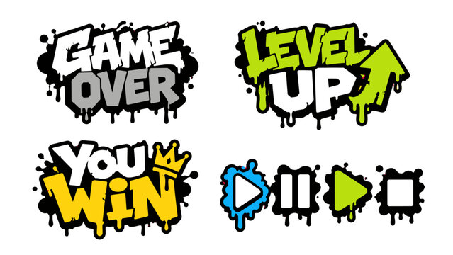 Graffiti gaming phrases and control icons in dripping spray style