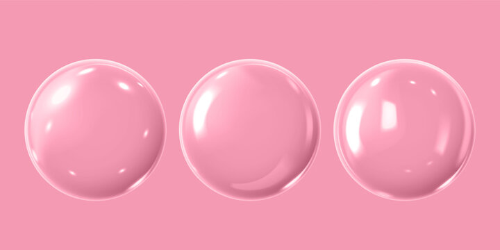 Realistic 3D glass balls with glares and highlights effect, vector glossy transparent volume sphere bubbles on pink