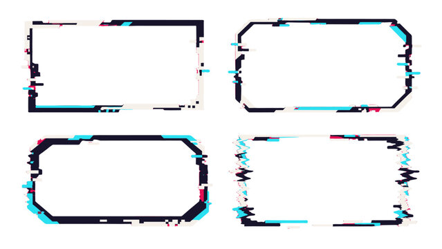 Set of abstract glitch frame borders with digital distortion