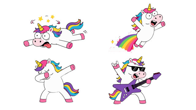 Funny cartoon unicorn set with rainbow, dab, fall and guitar
