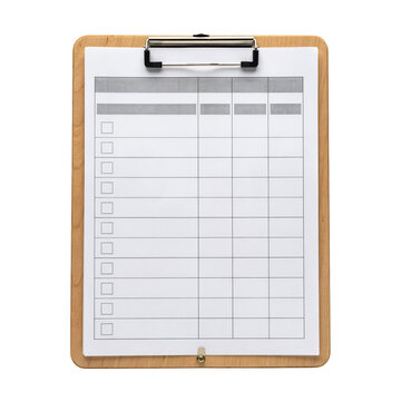 A wooden clipboard holding a white paper sheet with a blank grid table and checkboxes for data entry, isolated on a solid black background