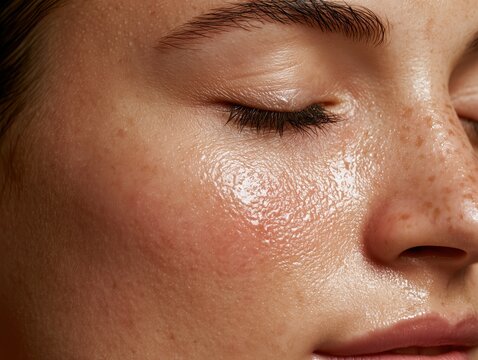 Close-up of freckled skin with peptide serum glow and visible pores. Natural texture and hydration dermatology skincare concept