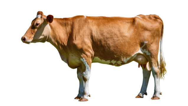 Brown and white cow standing full body side view