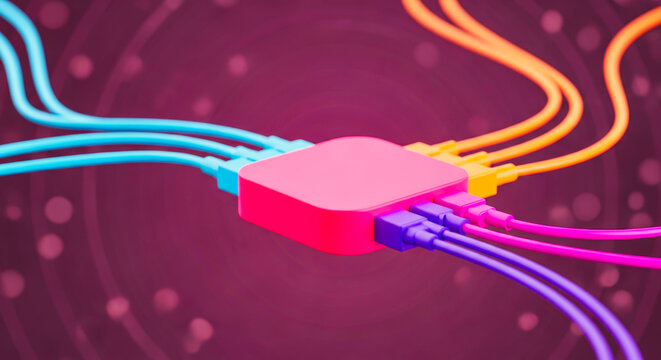 Central networking hub with colorful cables in abstract digital setting