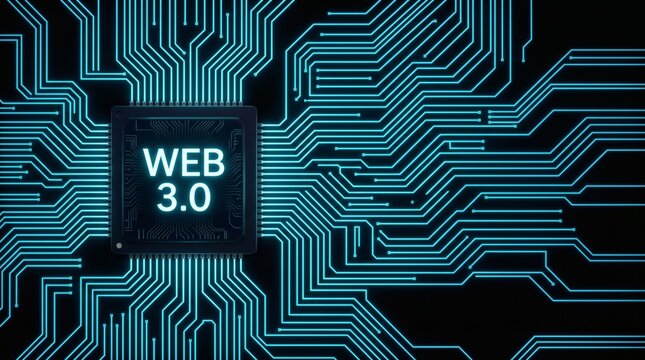 Web 3.0 concept with glowing circuit board and central processor chip.