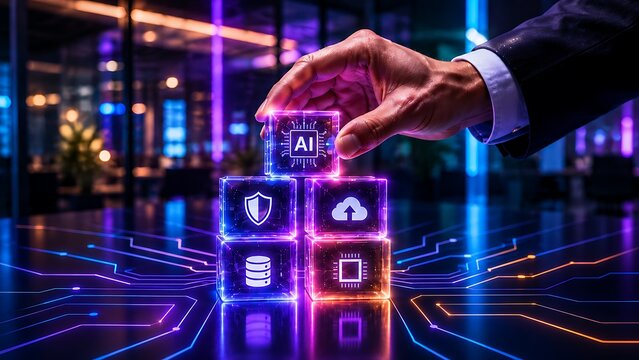 Hand carefully placing AI cube, integrating artificial intelligence with cloud, data, and cybersecurity for a robust digital future.