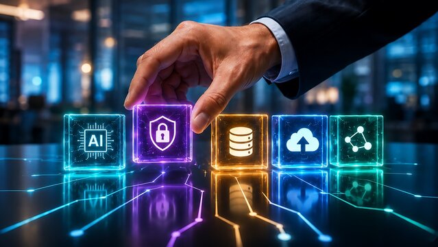 Professional hand completing digital ecosystem integration, securing AI, data, and cloud technologies with advanced cybersecurity protection solutions.