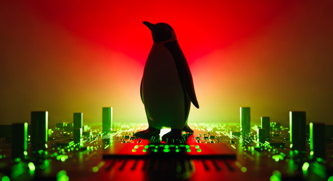 Penguin figurine on a glowing green circuit board representing the Linux operating system and open source software.