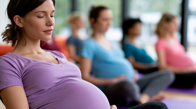 Pregnant women in prenatal yoga class sitting together