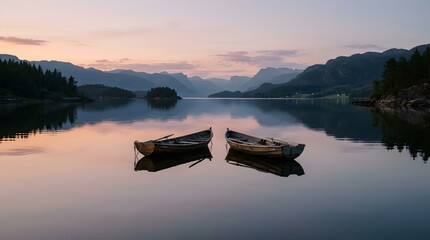 Obraz premium Two wooden rowing boats floating on a calm lake at sunset