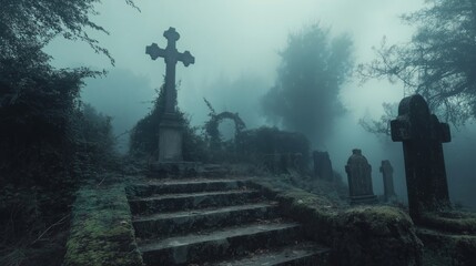 Fototapeta premium Misty Old Cemetery with Stone Crosses