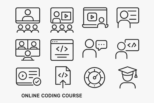 Online Coding Icons. Online coding course. Line outline icon set of Online coding course: virtual classroom,