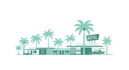 Fototapeta premium Retro Motel Palm Trees Vintage Car Mid Century Architecture