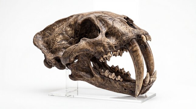 Ancient Saber-Toothed Cat Skull Fossil Isolated on White Background.