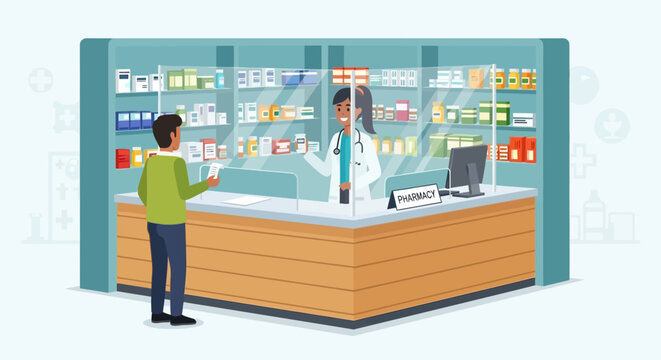 Pharmacist assisting customer at pharmacy counter with medicines on shelves