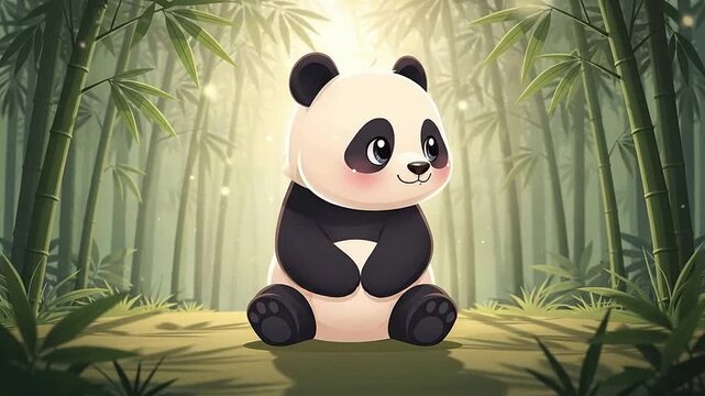 Adorable Cartoon Panda Sitting in a Lush Bamboo Forest