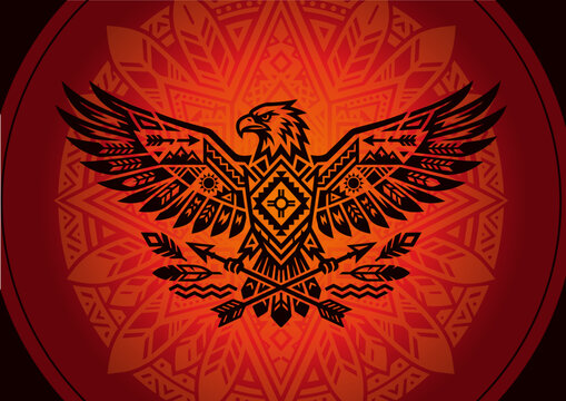 Symmetrical tribal eagle with glowing mandala and crossed arrows, detailed ethnic illustration perfect for design, tattoo, logo or decorative artwork