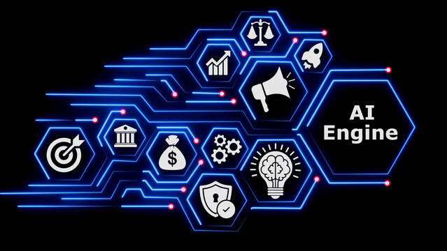 Ai engine text integrated into futuristic glowing data network.