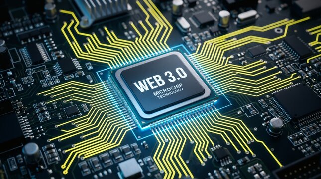 Close-up of a futuristic microchip with Web 3.0 logo glowing on a complex circuit board.