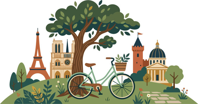 Charming Parisian Vector Illustration Featuring Iconic Landmarks with a Leaning Bicycle and Potted Plant in a Flat Design Style paris