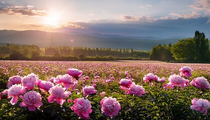 Obraz premium A Lush Field Of Pink Peonies Flowers Wallpaper Background Beautiful Nature Dreamy