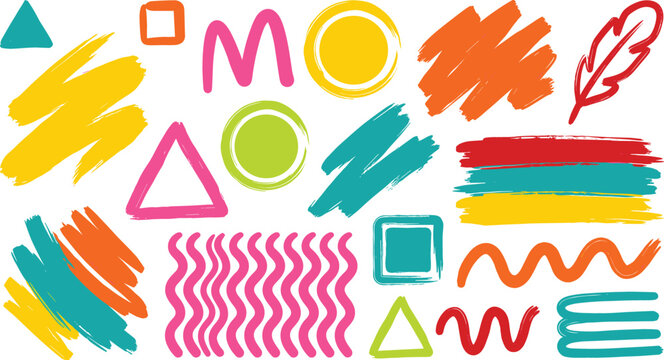 Abstract Hand Drawn Brush Stroke and Geometric Shape Element Set with Colorful Chalk Textures for Creative Memphis Pattern Designs