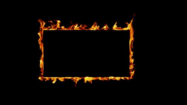 Realistic horizontal rectangular fire frame animation, cinematic burning flame border isolated on transparent background 4K