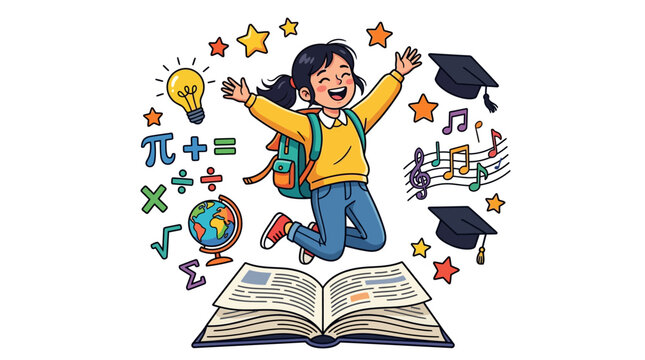 Schoolgirl jumps joyfully above an open book surrounded by educational symbols including a globe, math equations, and graduation caps.