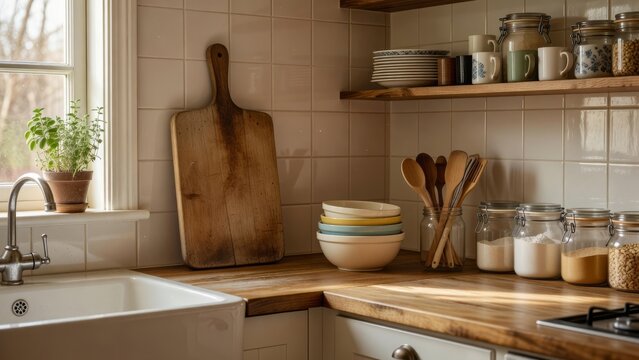 Retro kitchen breadboard leaning by sink with white tile and clean cozy morning light