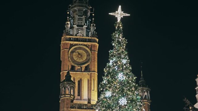 Christmas Tree at Main Town Hall Gdansk at Night - Poland Holiday Season
