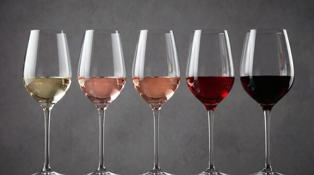 Five wine glasses filled with different types of wine.