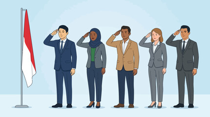 Obraz premium Diverse business people saluting Indonesian flag illustration