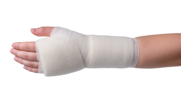 Hand and forearm wrapped in white medical bandage