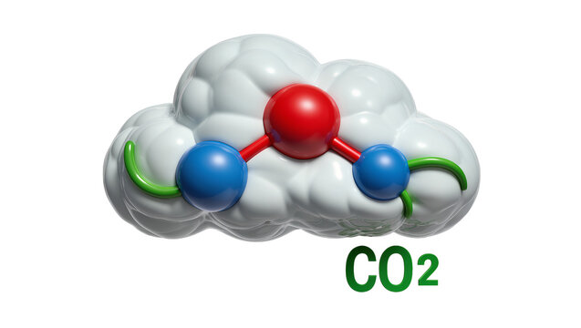 Carbon dioxide molecule CO2 model with red central atom and blue oxygen atoms