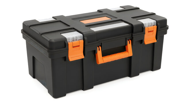 Black toolbox with orange handles and compartments open