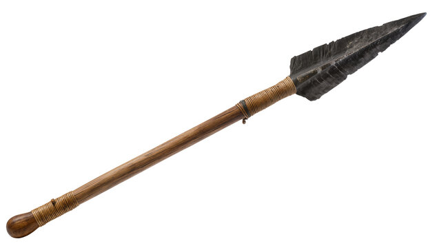 Ancient spear with stone arrowhead and wooden shaft