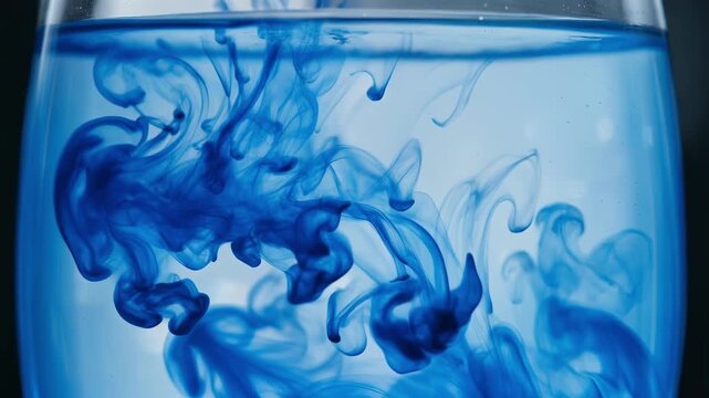 Blue ink swirling in clear water creating abstract fluid patterns in glass
