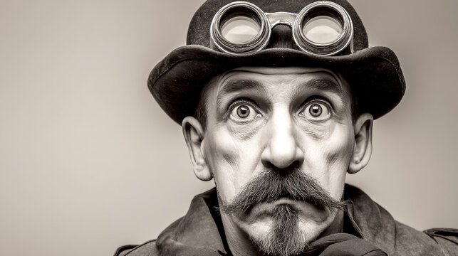 A curious man with a unique steampunk style. He wears goggles and a hat that add a vintage touch. This portrait captures his expressive face in striking detail. Ideal for creative projects. AI